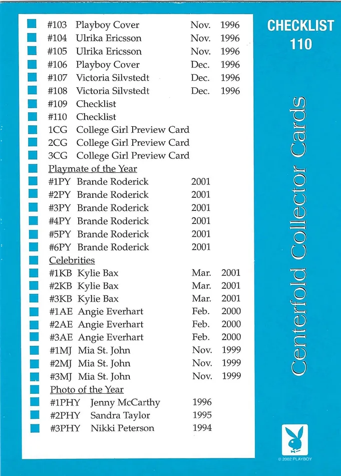 Dans Cards Vibrators Playboy Centerfold Update 1 1994 1996 Checklist Card 110 Dans Cards Vibrators Playboy Centerfold Update 1 1994 1996 Checklist Card 110