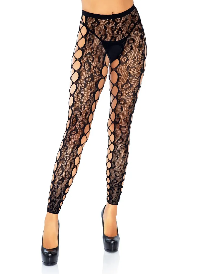 Anal Leg Avenue Footless Leopard Lace Crotchless Tights Black