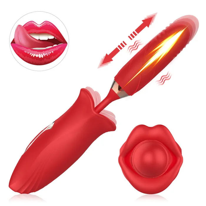 Lurevibe Female Sex Toys Rose Muncher Lip Tongue Suction Vibrator With Thrusting Dildo Vibrator