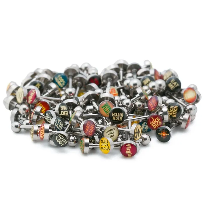 14g 58 Mixed Logo Flat Top Tongue Ring Jewelry Pictures Words Price Per 10 Painful Pleasures Male Sex Toys 14g 58 Mixed Logo Flat Top Tongue Ring Jewelry Pictures Words Price Per 10 Painful Pleasures Male Sex Toys