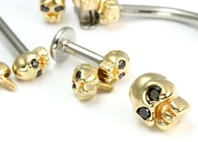 Anal Tilum Tilum 14kt Yellow Gold Internally 12mm14g Threaded 8mm SKULL with BLACK Gem Eyes Price Per 1