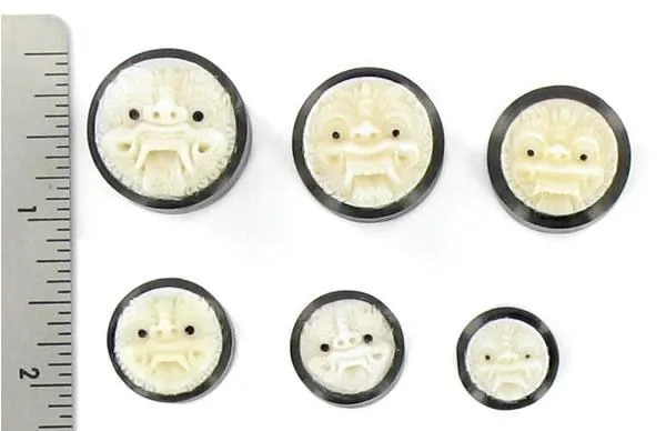 Elementals Organics Anal Barong Face Carved Bone Inlayed on Horn Organic Plug Body Jewelry 14mm 24mm Price per 1