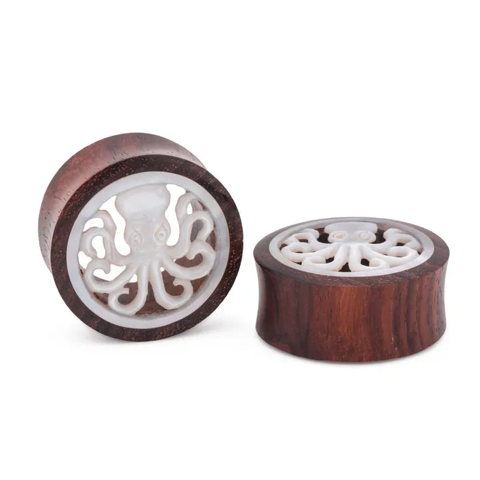 Elementals Organics Mother of Pearl Octopus Inlaid Sono Wood Tunnel 16mm30mm Price Per 1 Anal