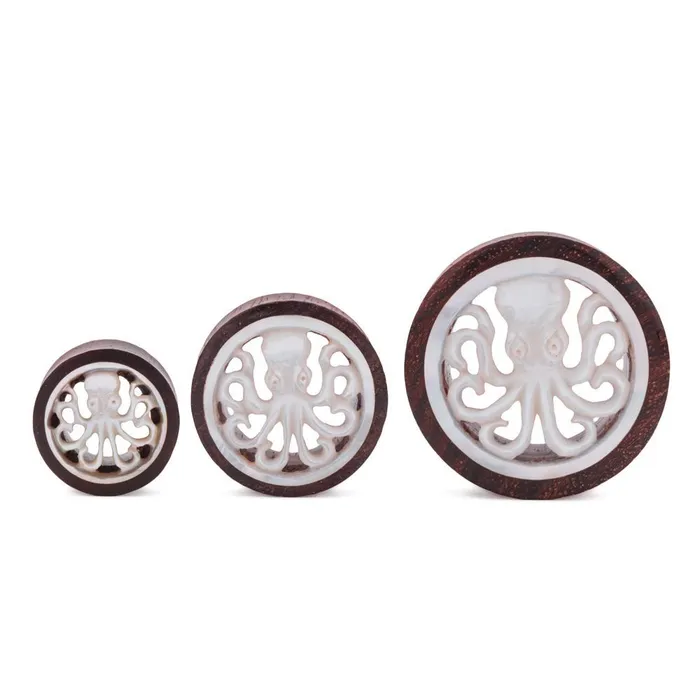 Elementals Organics Mother of Pearl Octopus Inlaid Sono Wood Tunnel 16mm30mm Price Per 1 Anal