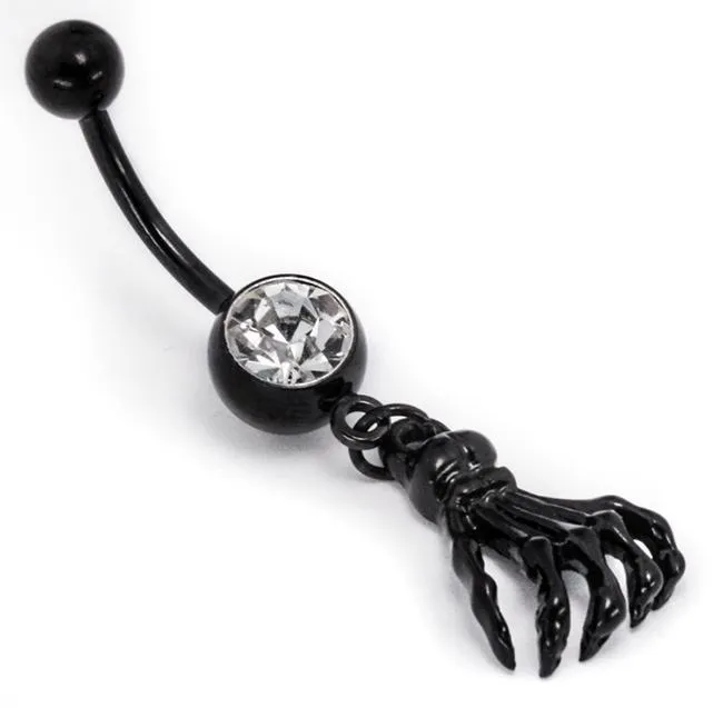 Painful Pleasures Female Sex Toys 14g 716 BlackOut Navel Single Gem with Skeleton Hand