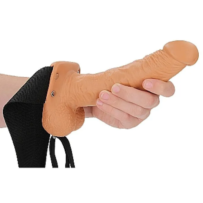 Shots Female Sex Toys Realrock 7 Inch Hollow Dildo with Balls Strapon Harness Caramel