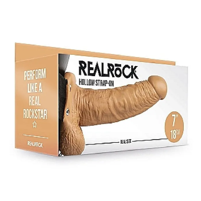 Shots Female Sex Toys Realrock 7 Inch Hollow Dildo with Balls Strapon Harness Caramel