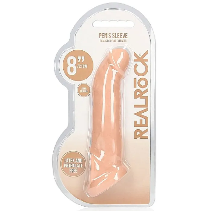 Shots Male Sex Toys Realrock 8 Inch Penis Extender Sleeve with Ball Strap Vanilla