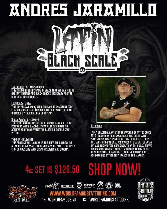 World Famous Anal Andres Jaramillo 4 Bottle Latin Black Scale Set World Famous Tattoo Ink 4oz