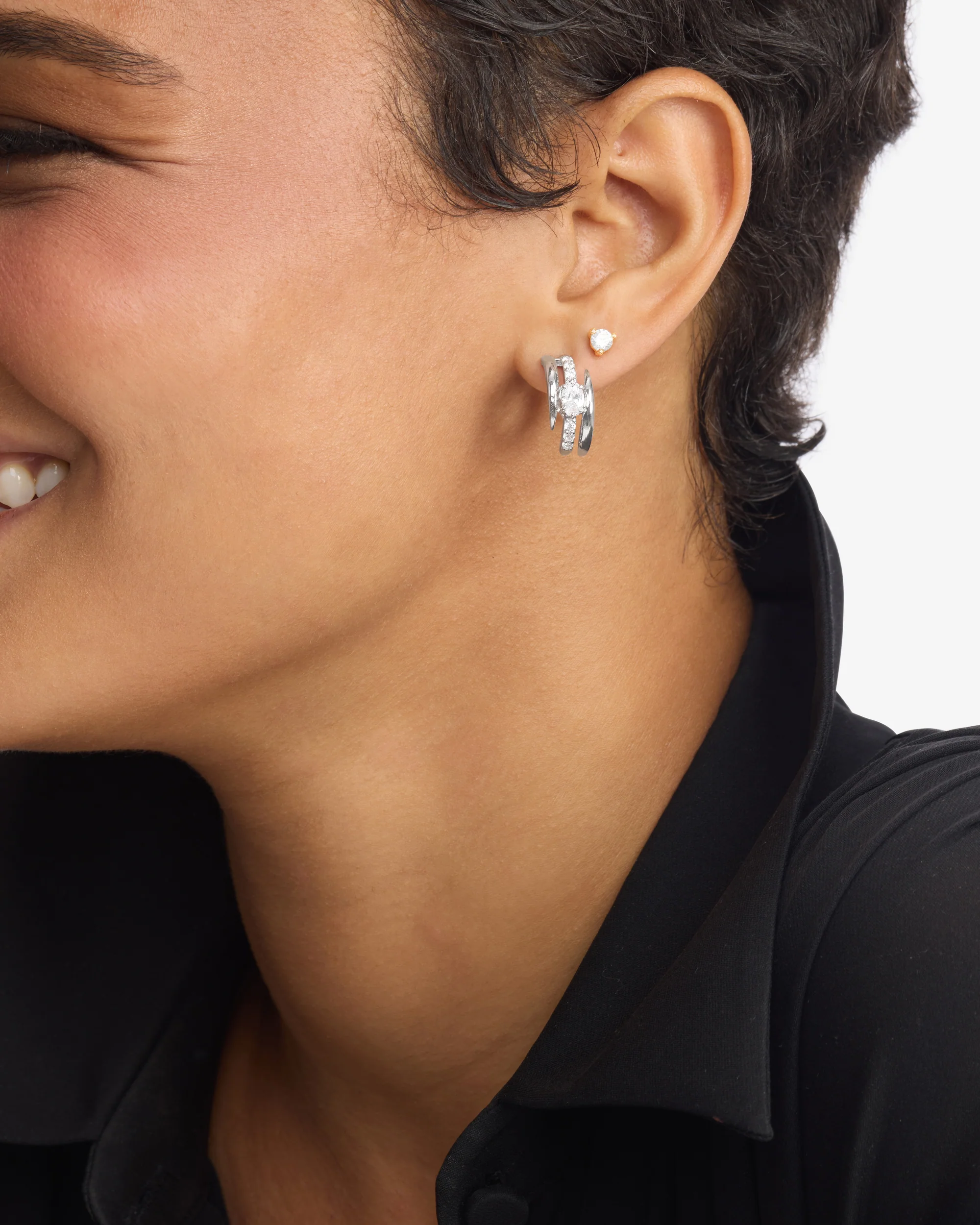 She's on Point Pavé Lasso Huggies - Silver|White Diamondettes - Image 2